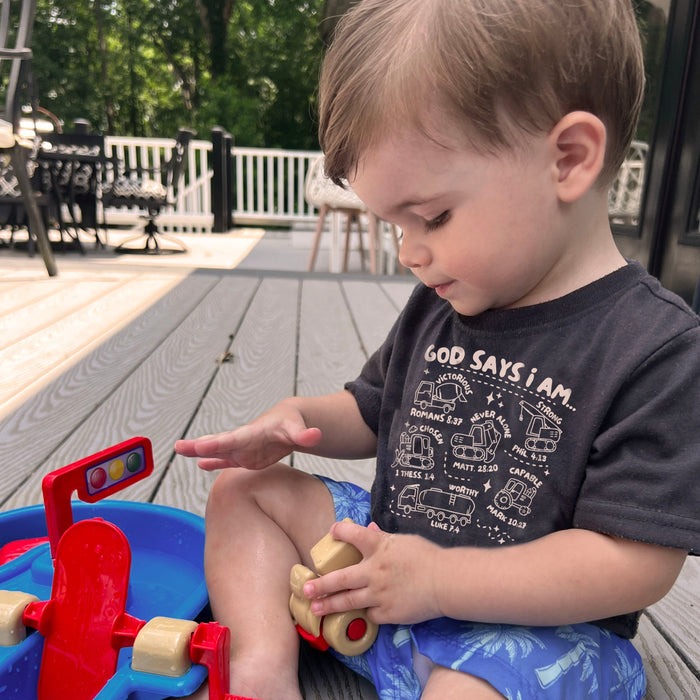 God says I am ... Trucks Kid's Christian Graphic Tee