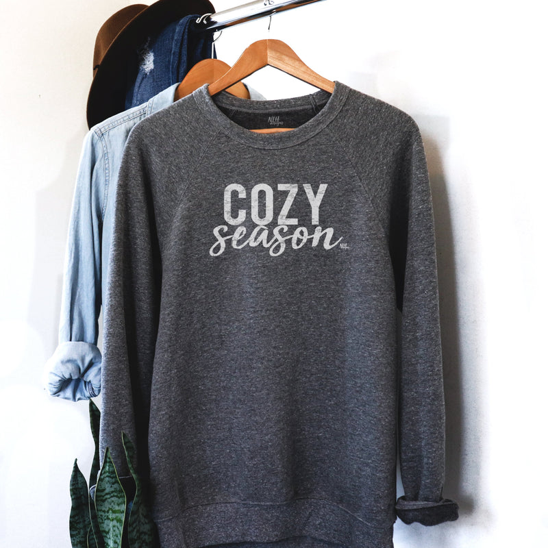 Cozy Season White on Gray Long Sleeve Raglan Sponge Fleece Sweatshirt